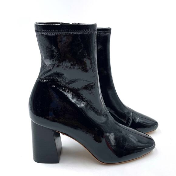Loeffler Randall Elise‎ Slim Ankle Boots Black Patent Leather Block Heel Sz 7.5 - Picture 1 of 9